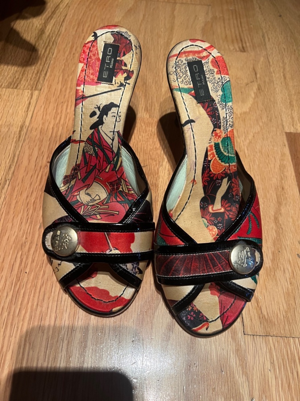 Etro Red Multicolor Slide Mules with Black Trim